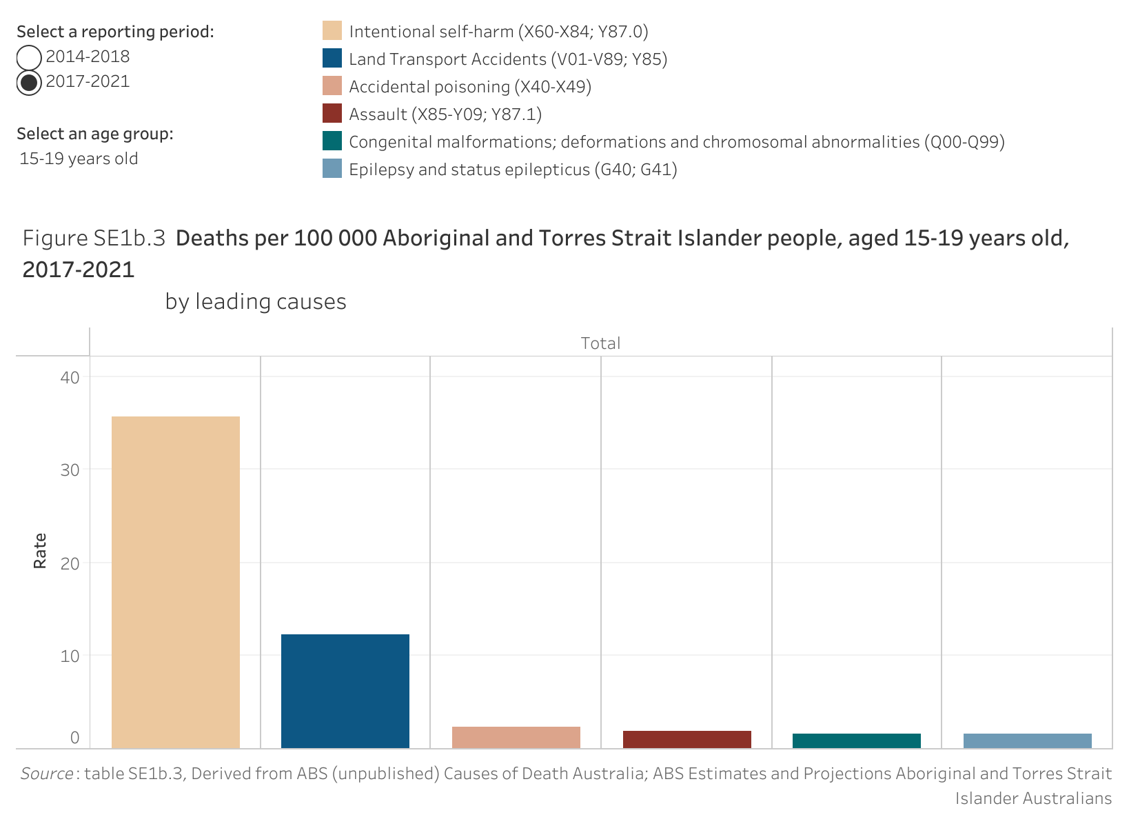 Figure SE1b.3 shows the deaths per 100 000 Aboriginal and Torres Strait Islander people, aged 15-19 years old, 2017-2021, by leading causes. More details can be found within the text near this image.