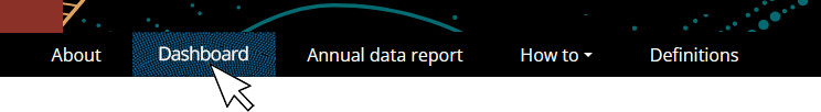 About, Dashboard, Annual data report, How to, Definitions tabs