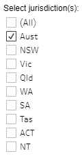Select jurisdiction(s): All, Aust (checked), NSW, Vic, Qld, WA, SA, Tas, ACT, NT