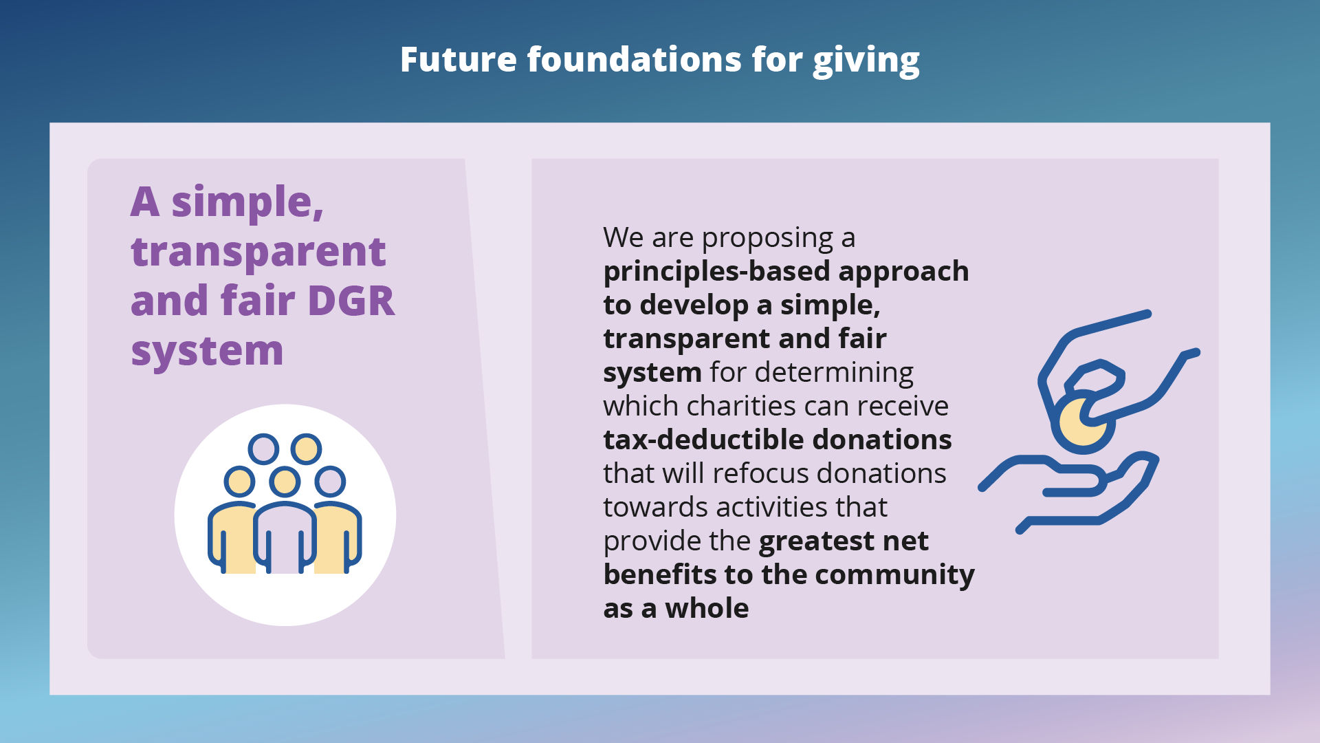 A simple, transparent and fair DGR system. We are proposing a principles-based approach to develop a simple, transparent and fair system for determining which charities can receive tax-deductible donations that will refocus donations towards activities that provide the greatest net benefits to the community as a whole.