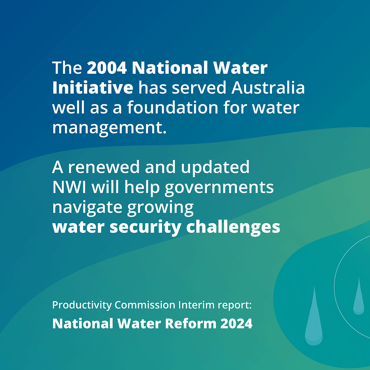 The 2004 National Water Initiative has served Australia well as a foundation for water management. A renewed and updated NWI will help governments navigate growing
water security challenges. Productivity Commission Interim report: National Water Reform 2024