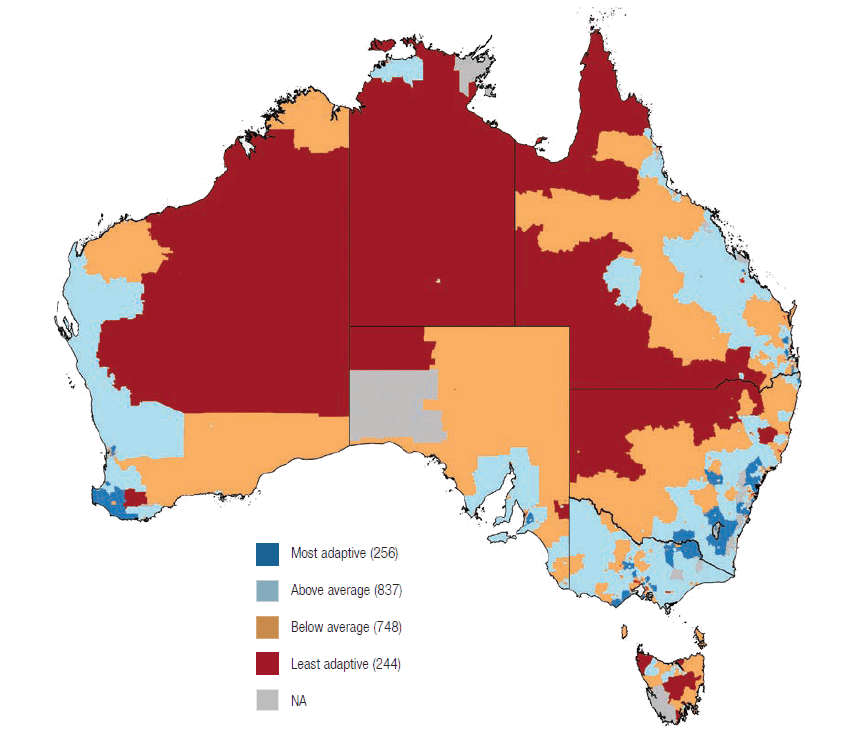 The adaptive capacity of Australia's regions. This figure shows the adaptive capacity of Australia’s regions, as per the Commission’s index. Maps of Australia, Sydney, Melbourne, Brisbane, Adelaide, Perth, Hobart, Darwin and Canberra are coloured in with different colours, representing the different levels of adaptive capacity of each area.